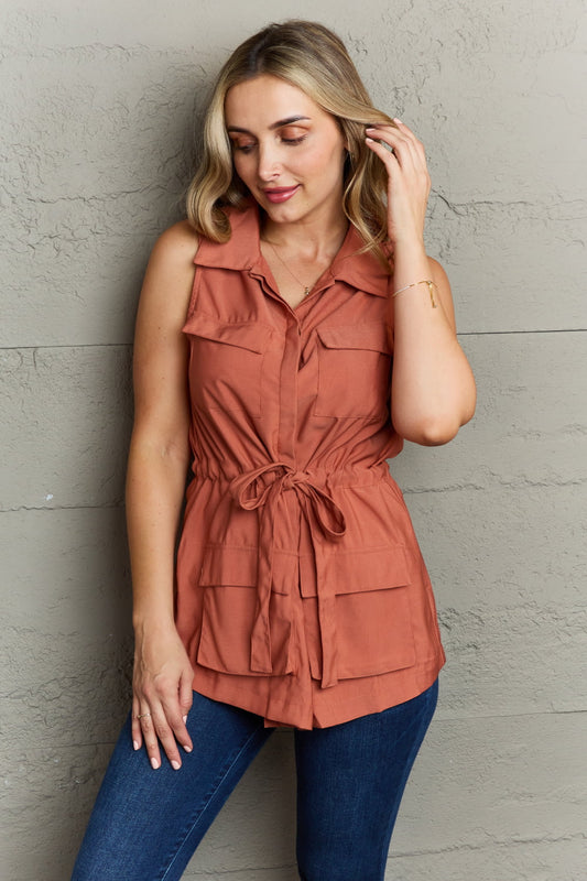 Red Sleeveless Collared Button Down Top