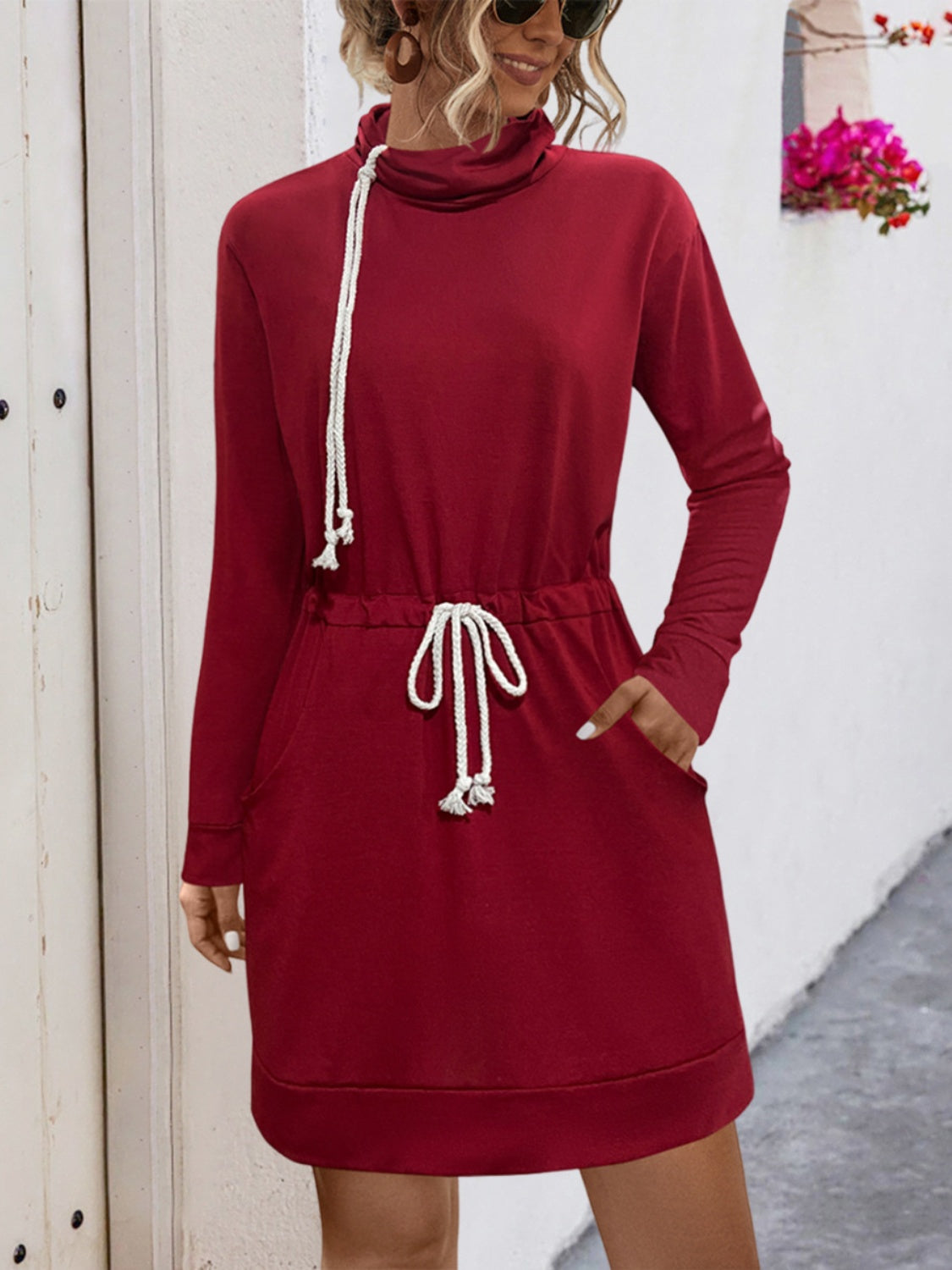 Drawstring Turtleneck Long Sleeve Mini Dress Burgundy / M Drawstring Turtleneck Long Sleeve Mini Dress Burgundy / M