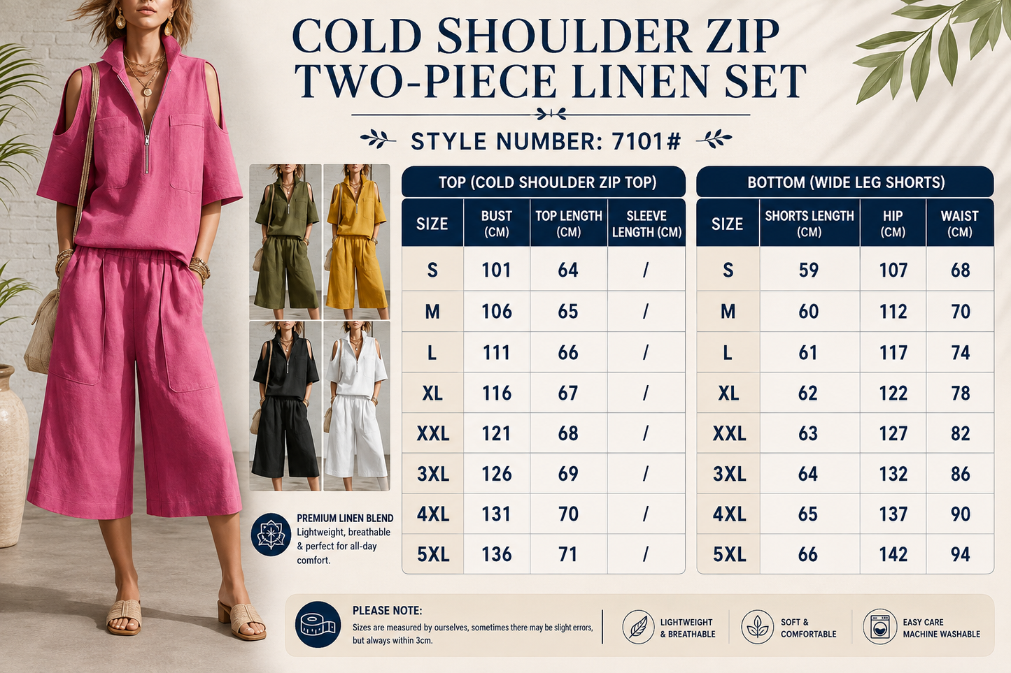 Cold Shoulder Zip Two-Piece Linen Set