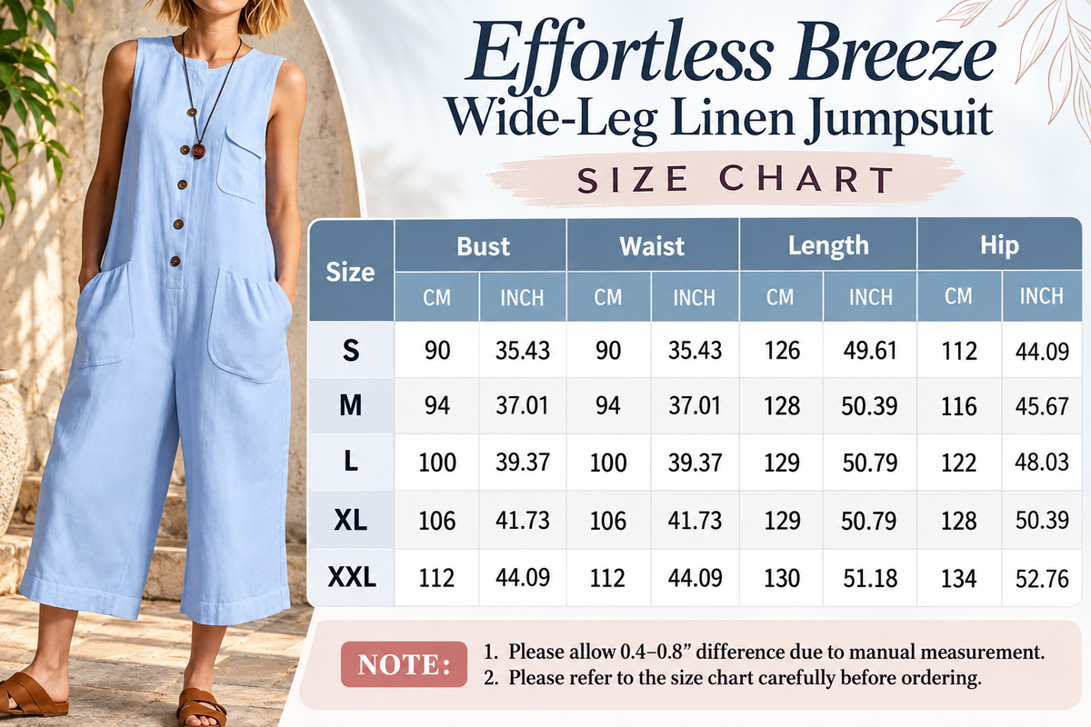 A size chart graphic for the Effortless Breeze wide-leg linen jumpsuit, showing a model wearing a light blue jumpsuit on the left and a detailed sizing table on the right with measurements in cm and inches for sizes S through XXL.