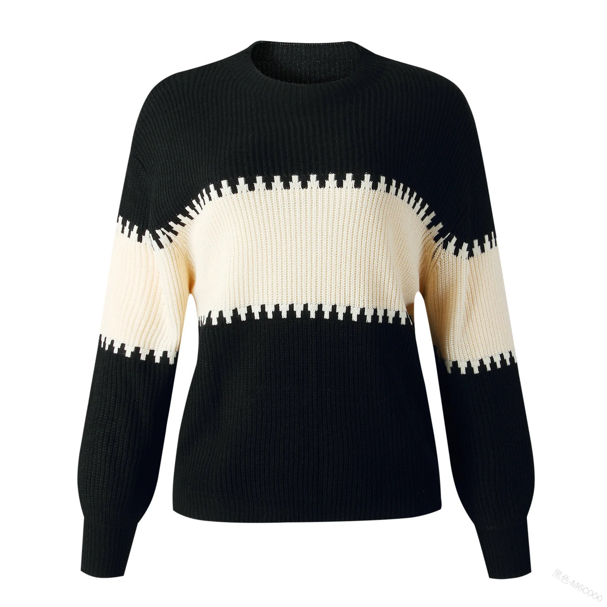 Black and white sweater with geometric pattern on a white background