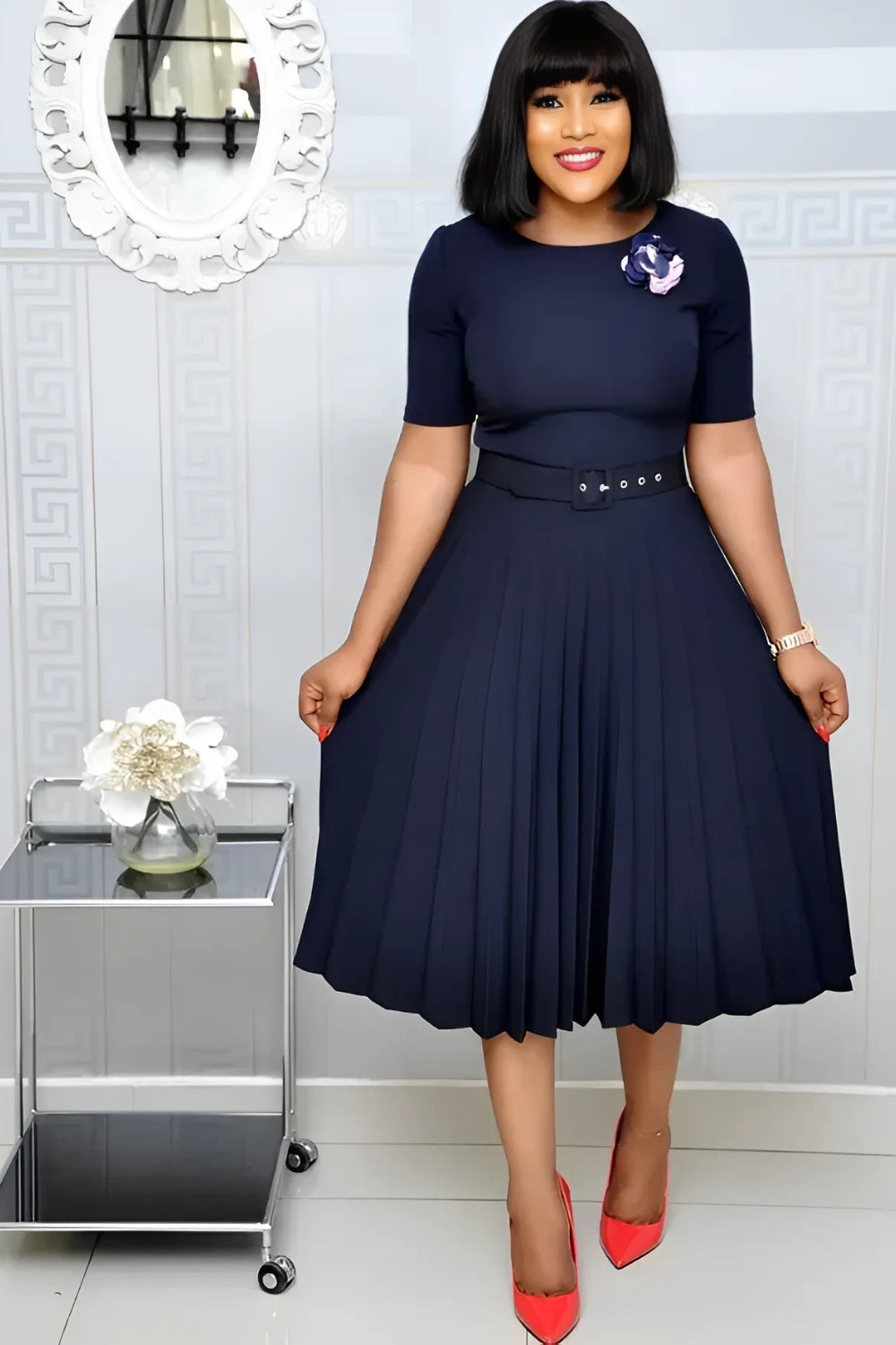Elegant Women Pleated Mid-Length Dress | High Waist Party Dress Navy Blue / L Elegant Women Pleated Mid-Length Dress | High Waist Party Dress Navy Blue / L