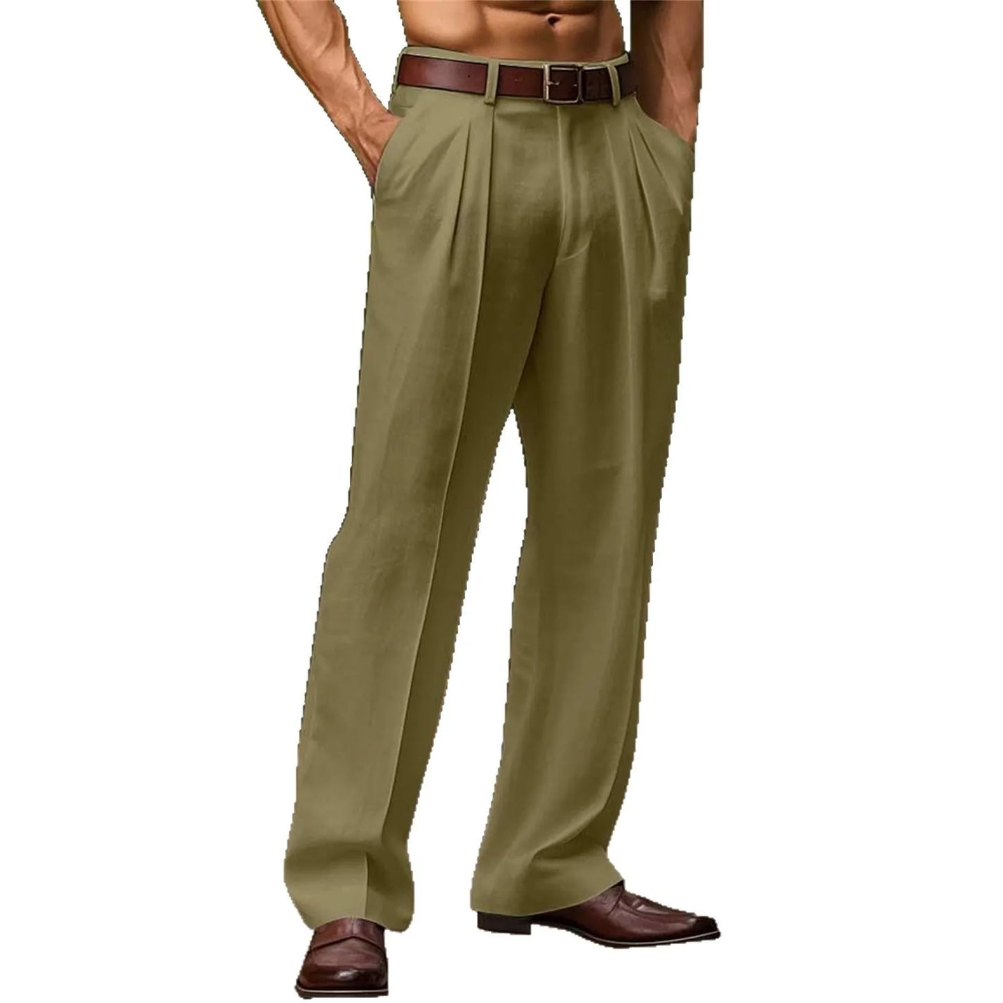 Green pleated pants worn by a person on a white background