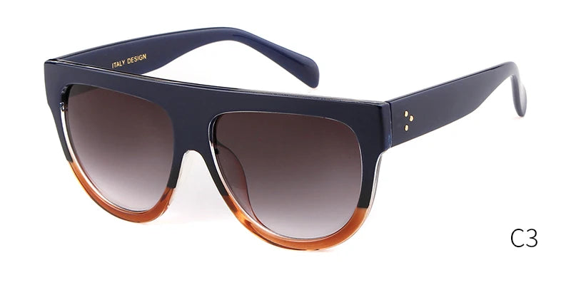 Sunglasses with blue and brown gradient design on a white background