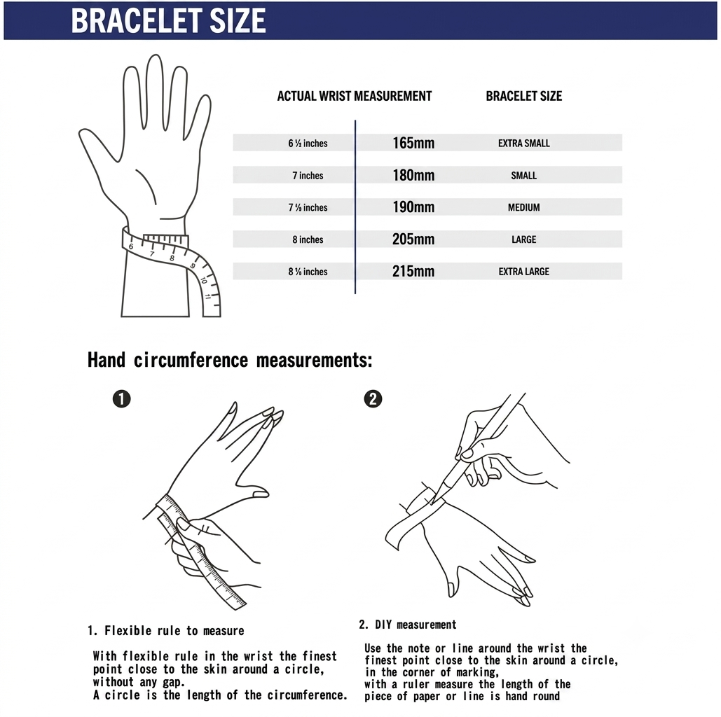 A size guide for wrist bracelets titled "BRACELET SIZE" with a hand illustration, a measurement table linking wrist lengths to bracelet sizes, and two numbered diagrams showing how to measure the wrist circumference and DIY mark placement.