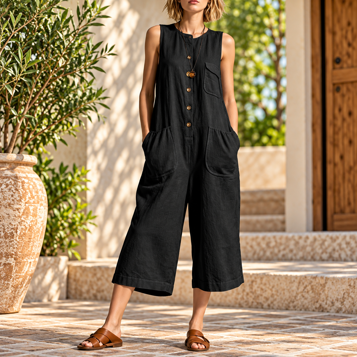 A woman wearing a black sleeveless linen-look jumpsuit with front buttons and large patch pockets, standing outdoors on stone steps beside a large potted plant.