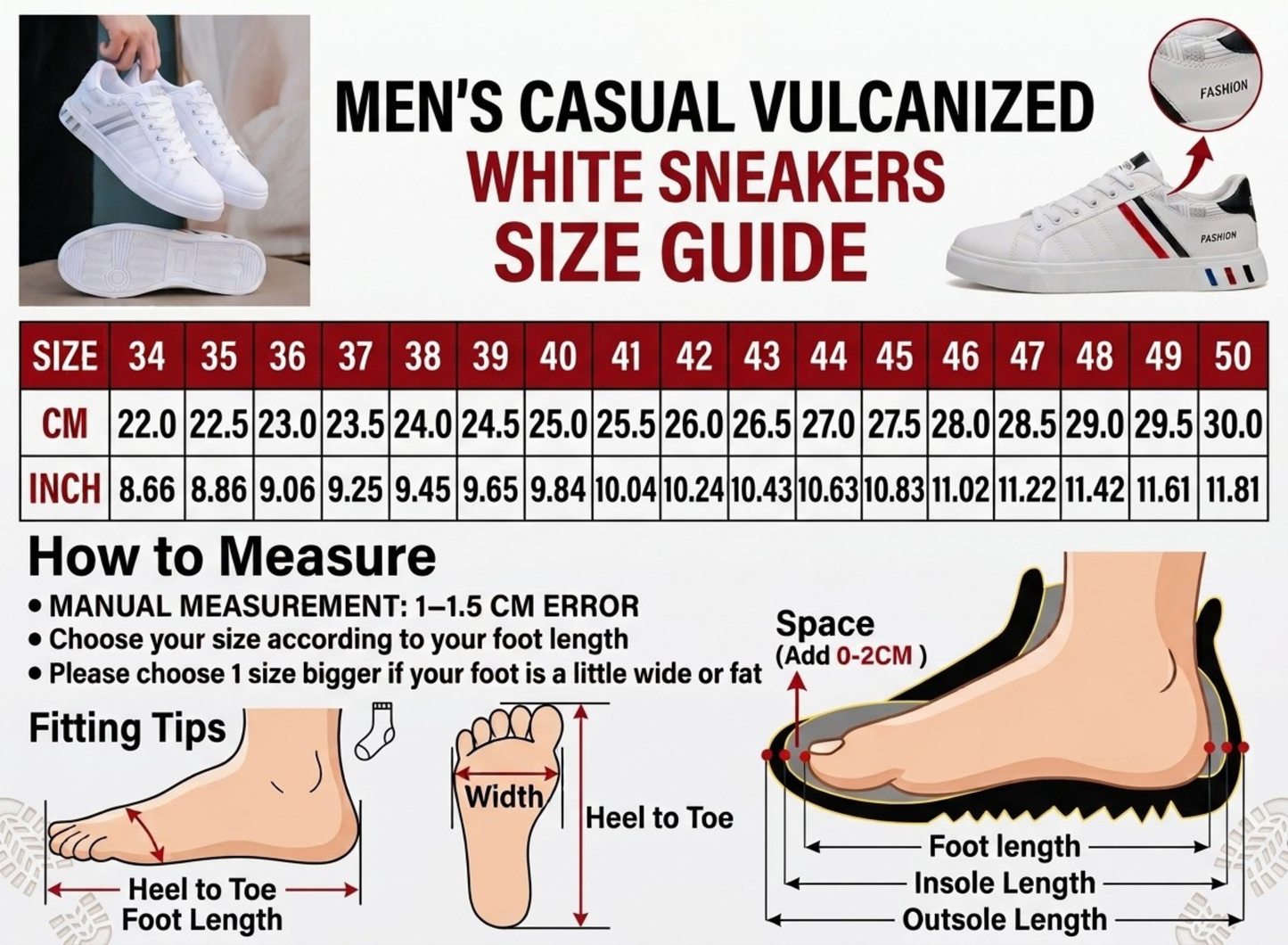 A size guide infographic for men's casual white sneakers, showing a size and cm/inch conversion table, measurement instructions, foot width and heel-to-toe guidance, and a shoe illustration with a close-up inset.