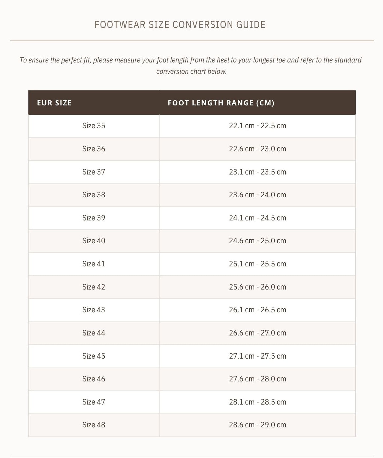 Footwear size conversion chart from EUR 35 to EUR 48 with foot length ranges.