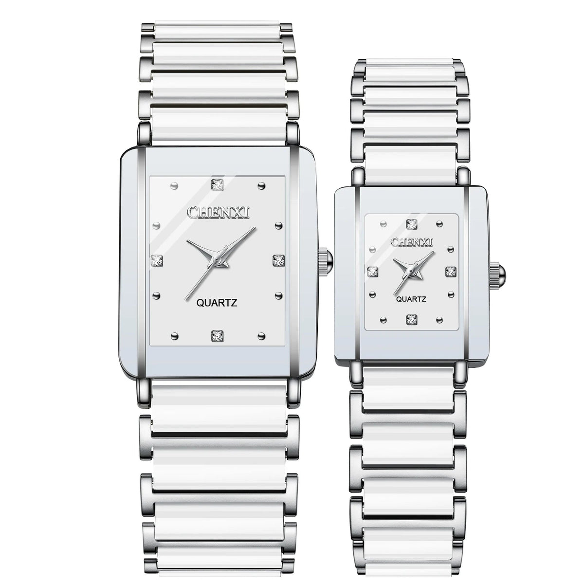 Two silver watches with square faces on a white background, featuring the brand 'CHENXI'.