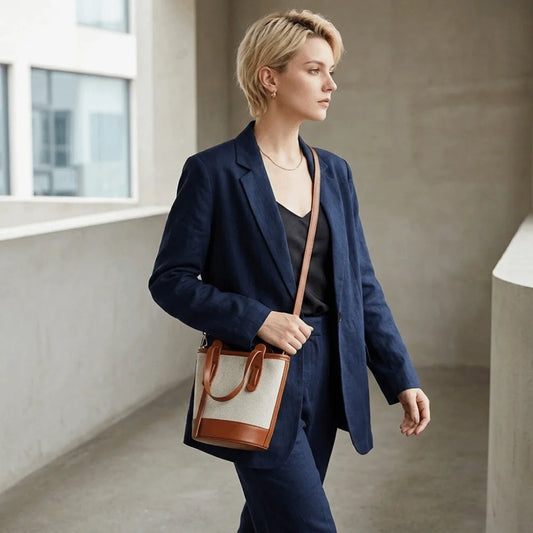 A woman wearing a navy blue pantsuit carries a structured tote bag with a cream canvas body and brown leather trim and handles, set against a minimalist concrete architectural background.