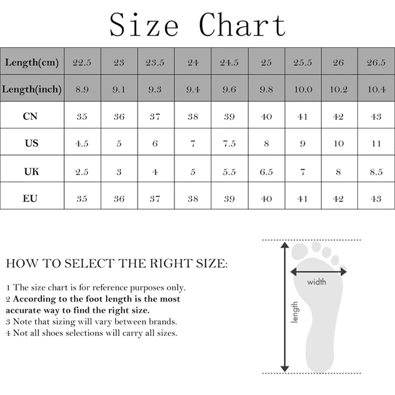 Size chart for shoes with measurements in centimeters, inches, and shoe size standards.
