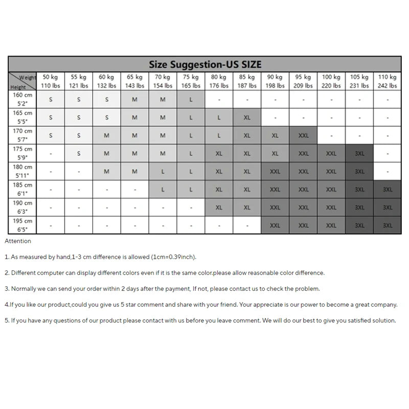 Size suggestion chart for US size with weight and height ranges.