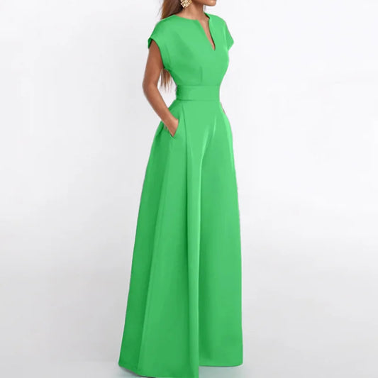 Women's V-Neck Short Sleeve High Waist Wide Leg Jumpsuit