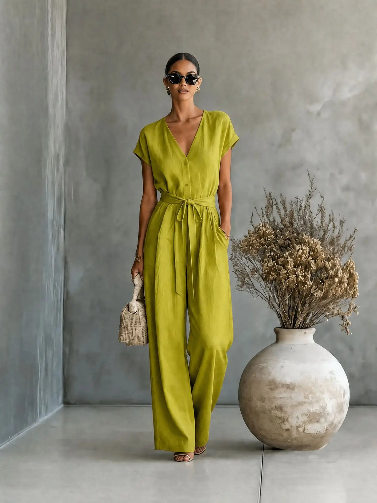 Women's High-Waist Wide-Leg Linen Jumpsuit
