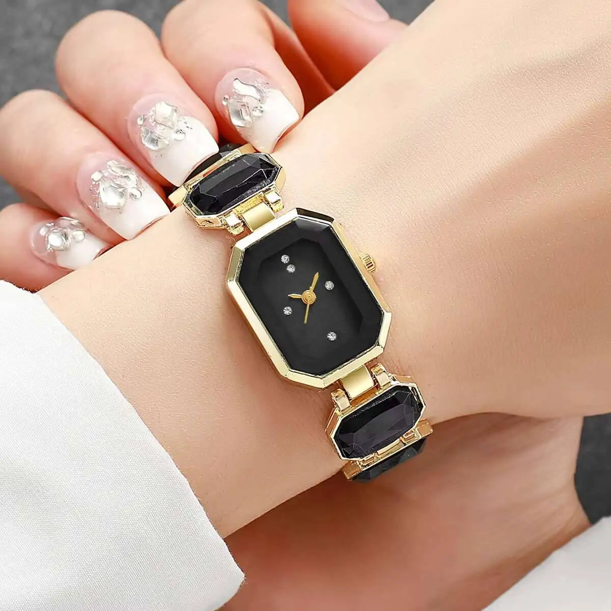 Elegant Women Rectangle Dial Watch – Gold Tone Crystal Quartz Watch Black Without Box Elegant Women Rectangle Dial Watch – Gold Tone Crystal Quartz Watch Black Without Box