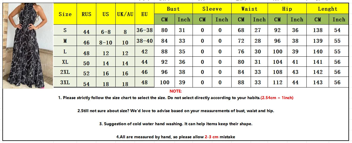 Size chart for a dress with measurements in various units