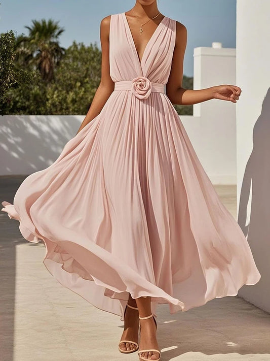 Aurora Pleated V-Neck Maxi Dress