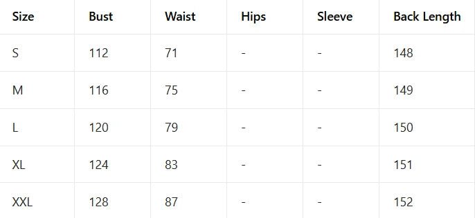 Table displaying clothing measurements for different sizes with columns for Bust, Waist, Hips, Sleeve, and Back Length.