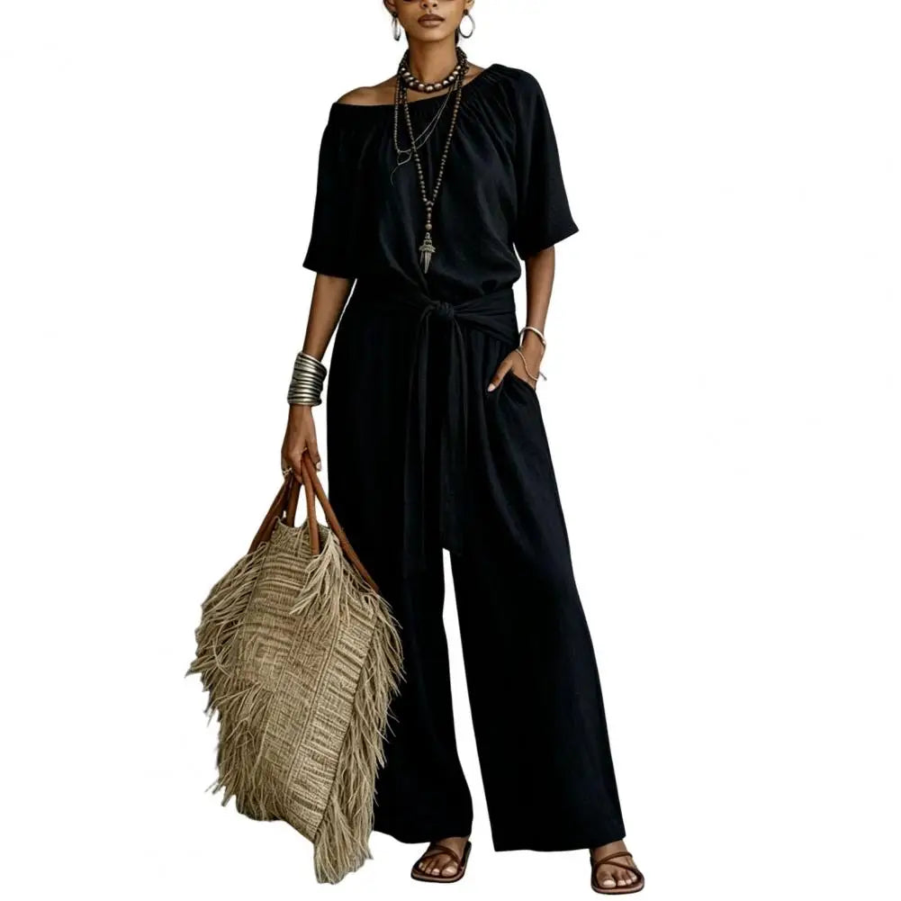 Off Shoulder Tie Waist Jumpsuit