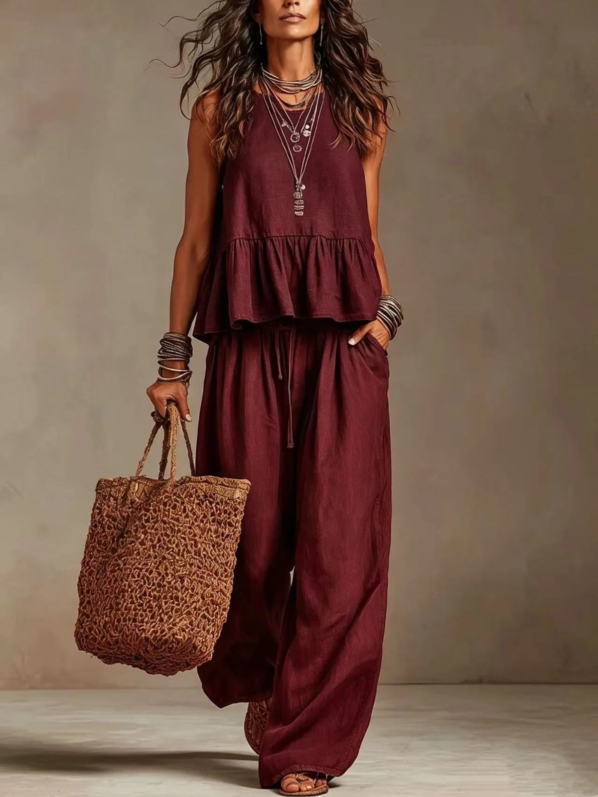Women's Boho Linen Wide Leg Pant Set