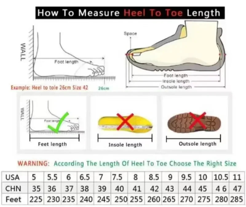 Product information sheet for shoes with measurement guide and contact details.