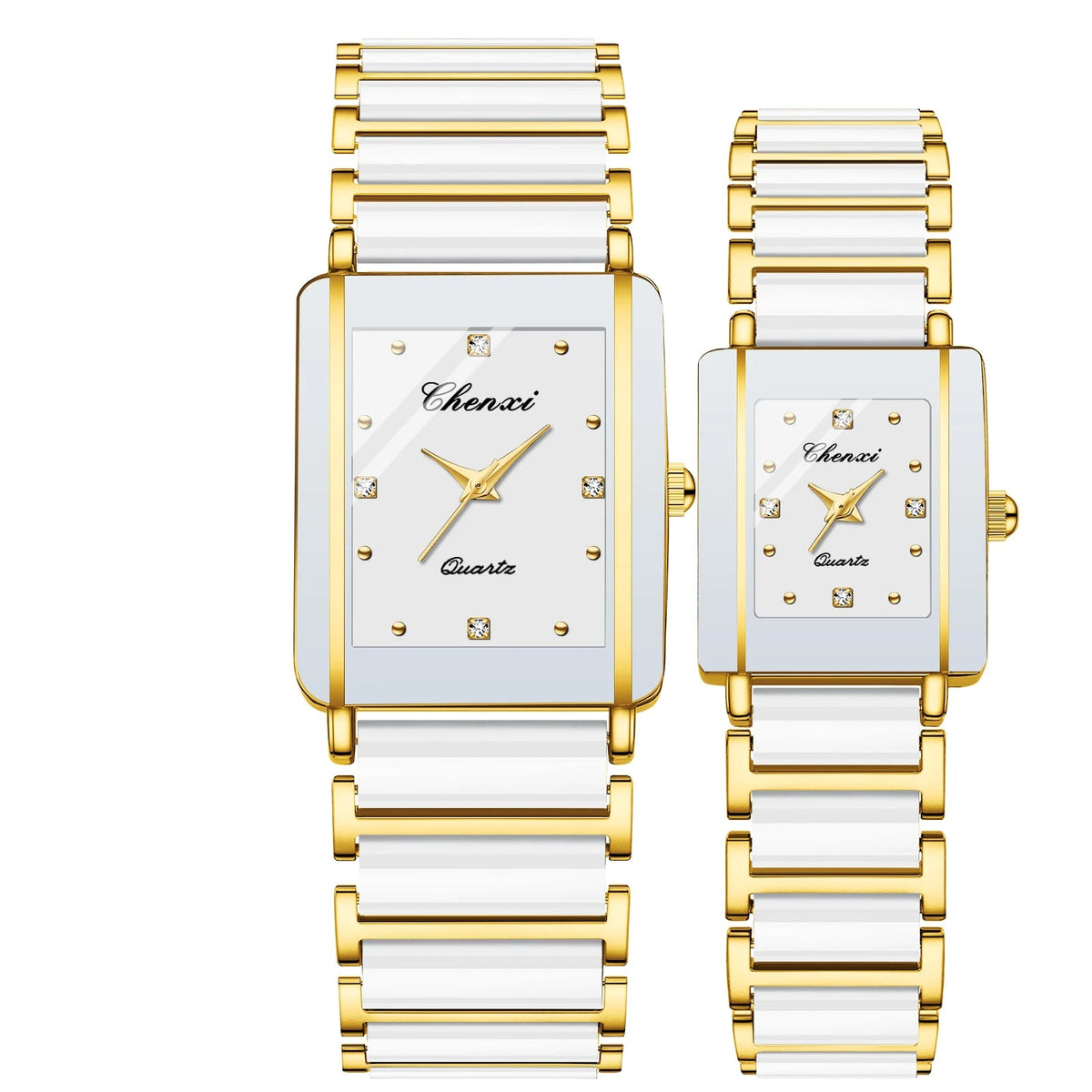 Pair of Chenxi watches with white faces and gold accents on a white background