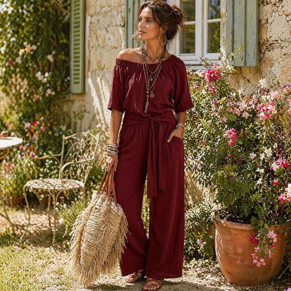Off Shoulder Tie Waist Jumpsuit