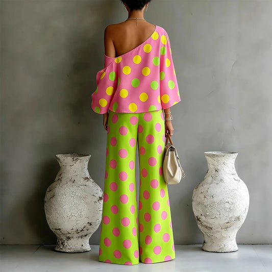 Polka Dot Off Shoulder Wide Leg Pant Set