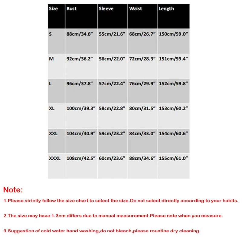Size chart for clothing with measurements in centimeters and inches.