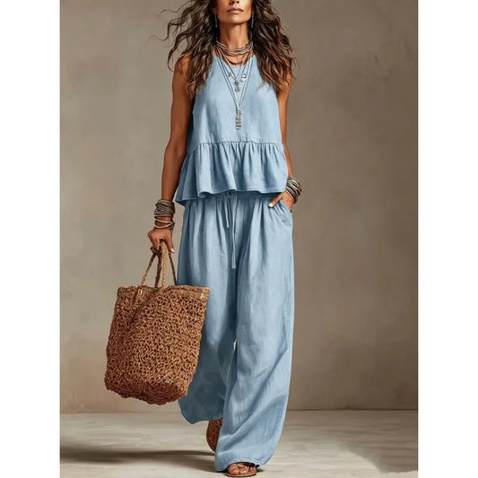 Women's Boho Linen Wide Leg Pant Set