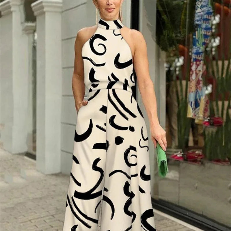 Halterneck Abstract Print Jumpsuit