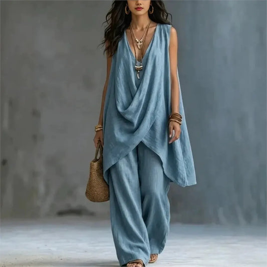 Women's Sleeveless Asymmetrical Linen Blend Set