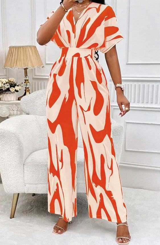 Elegant Printed Batwing Sleeve Jumpsuit