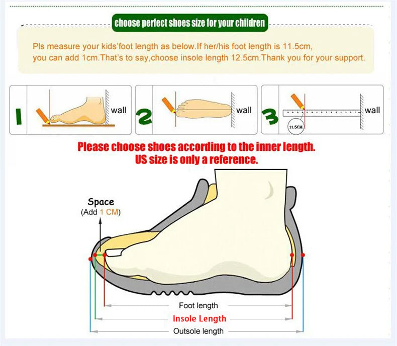 Instructions for measuring children's feet to choose the right shoe size.