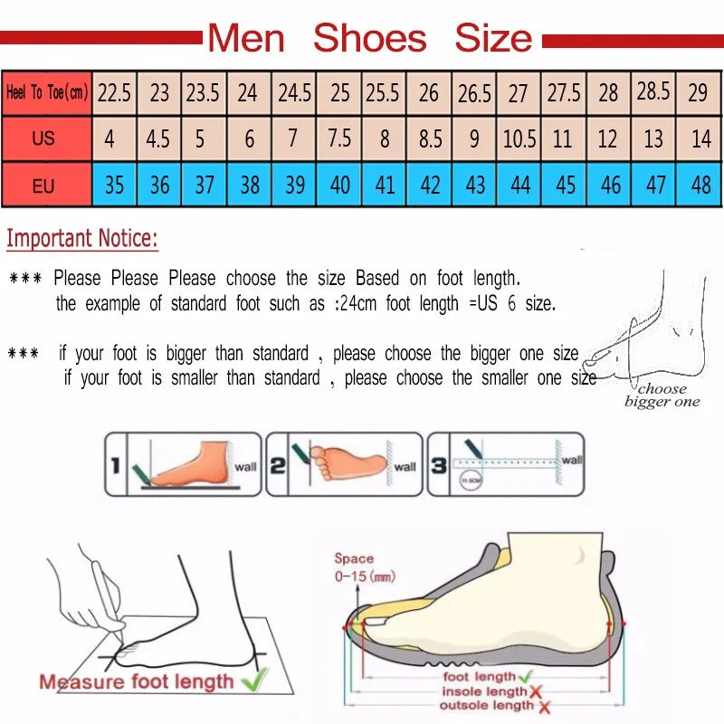 Shoe size chart for men with measurements and illustrations on a white background