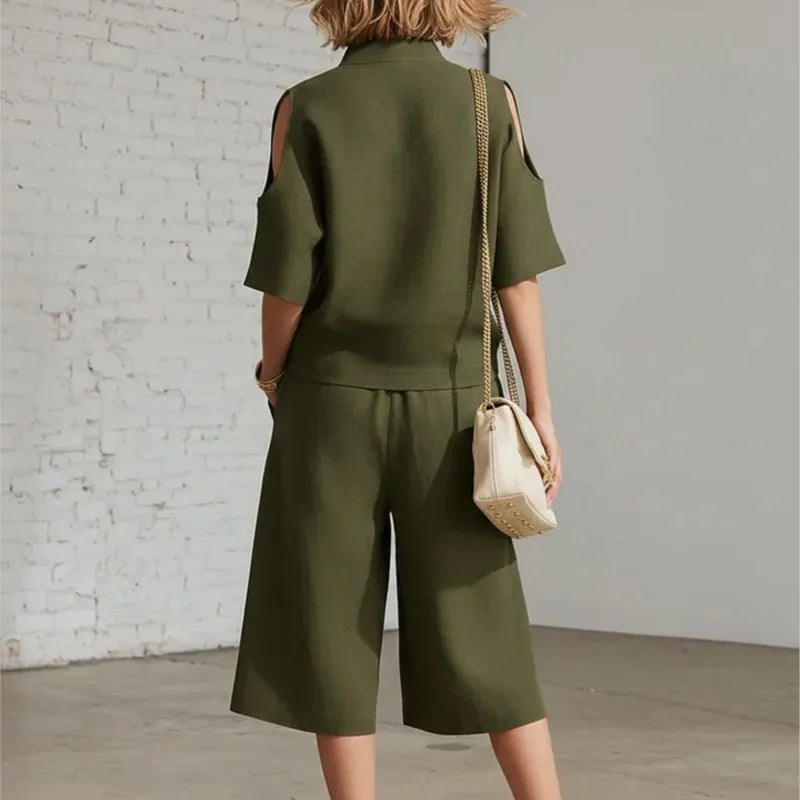 Cold Shoulder Zip Two-Piece Linen Set