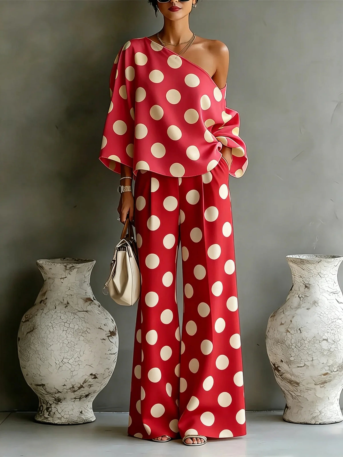 Polka Dot Off Shoulder Wide Leg Pant Set
