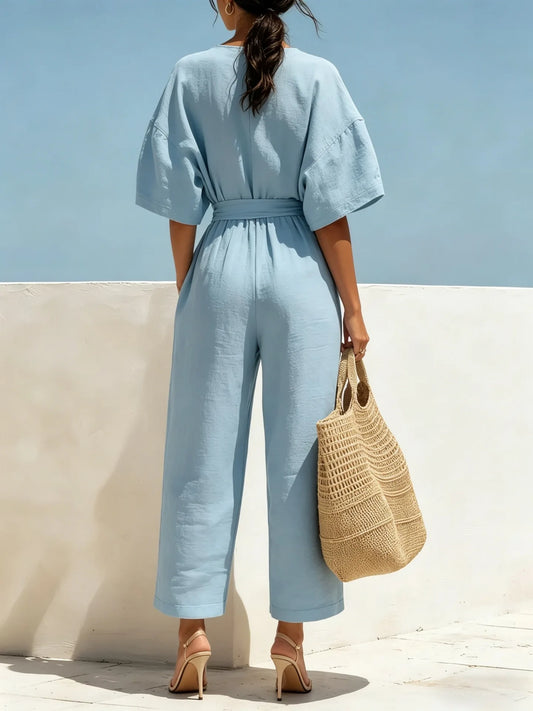 Boho Wide Leg Belted Jumpsuit with Pockets