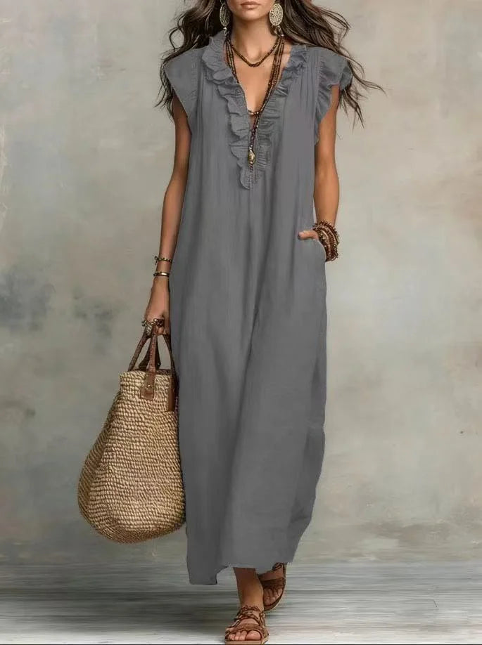 Amara Ruffle V-Neck Maxi Dress