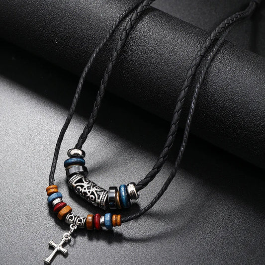 Boho Cross Layered Leather Necklace
