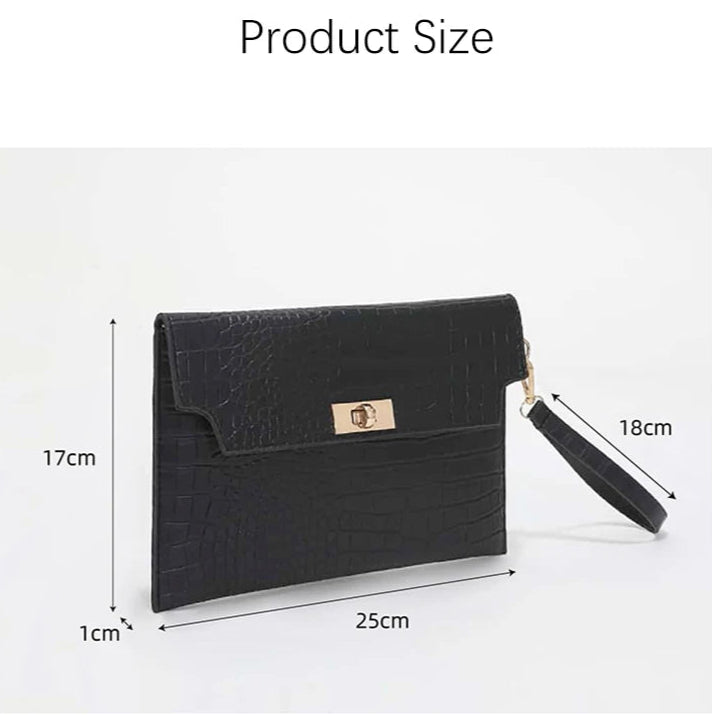 Black clutch bag with measurements on a white background