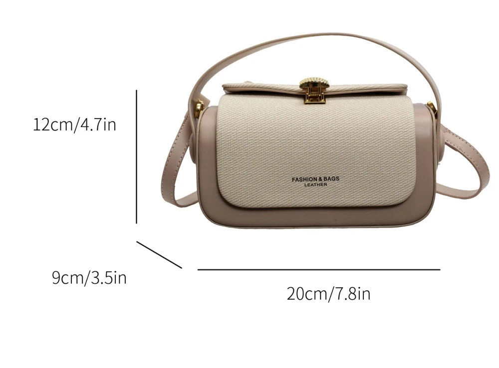 Beige handbag with dimensions labeled on a white background