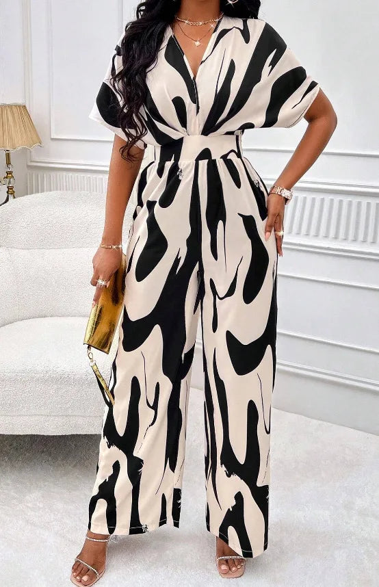 Elegant Printed Batwing Sleeve Jumpsuit