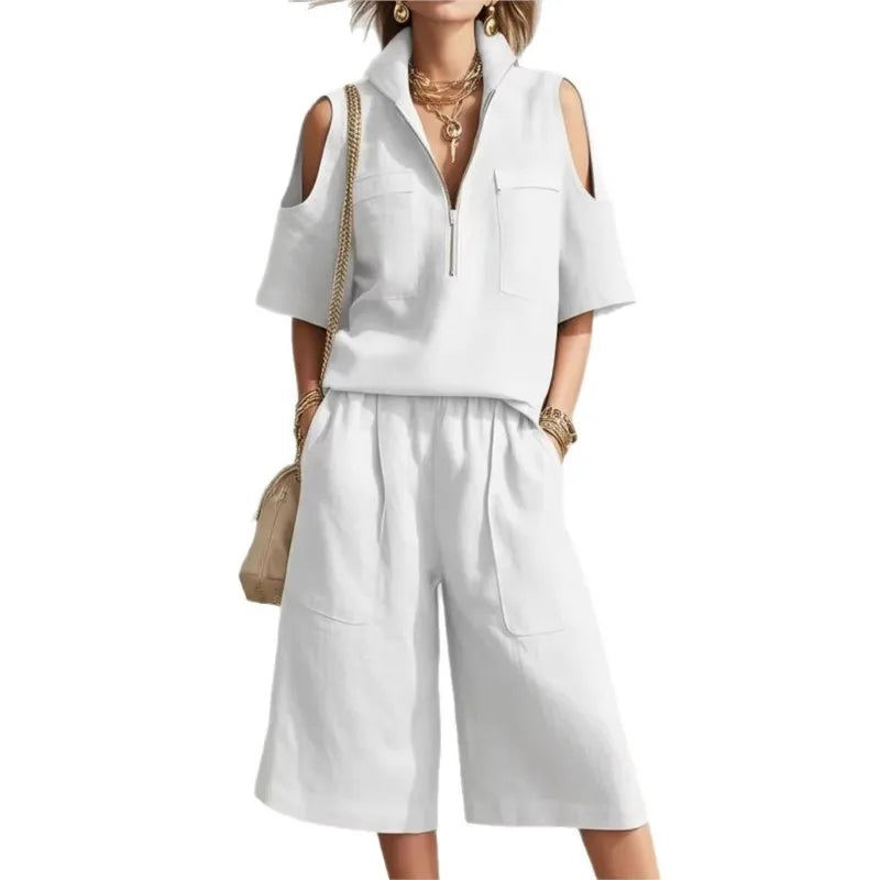 Cold Shoulder Zip Two-Piece Linen Set