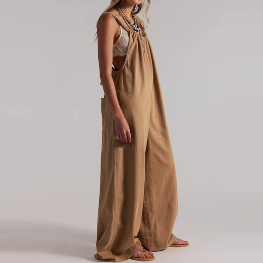 Wide-Leg Denim Overall Jumpsuit