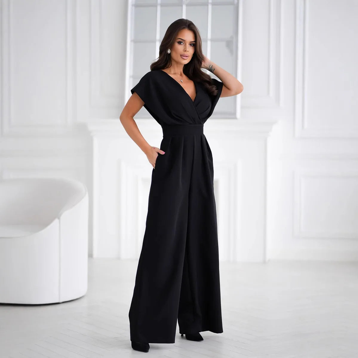 Elegant V-Neck Wide Leg Jumpsuit