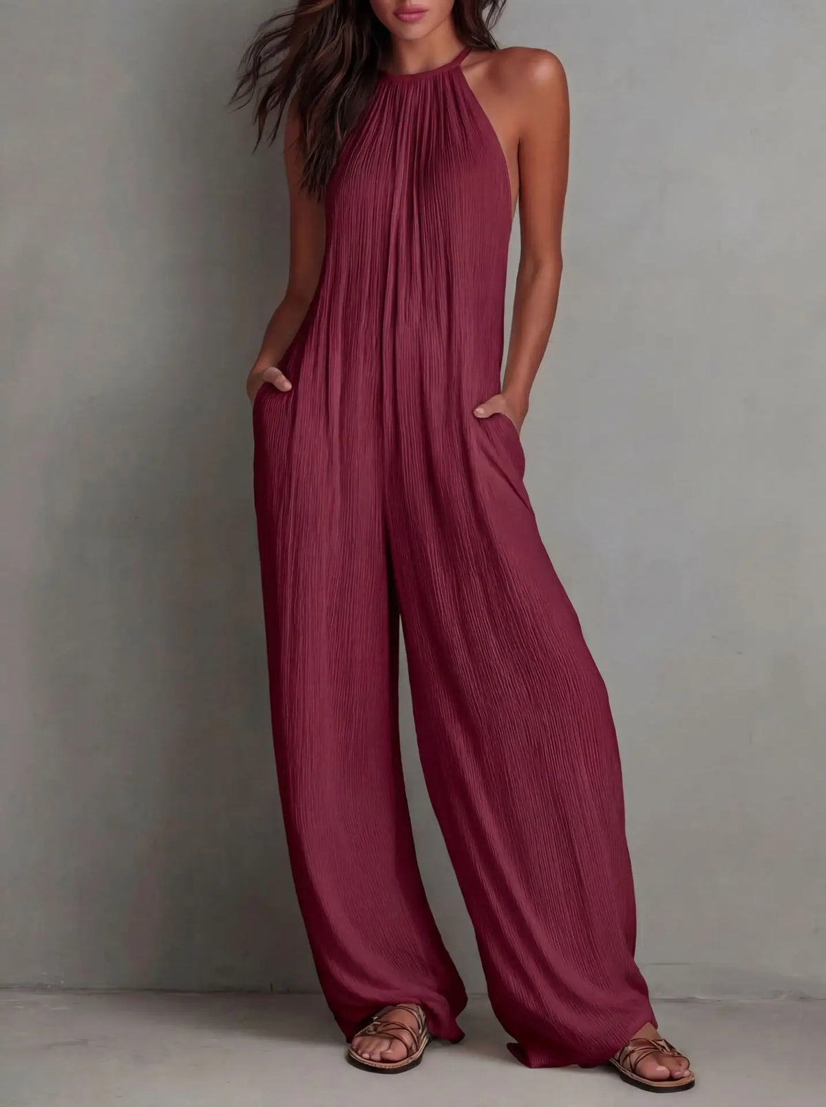 Sundrenched Pleated Halter Jumpsuit