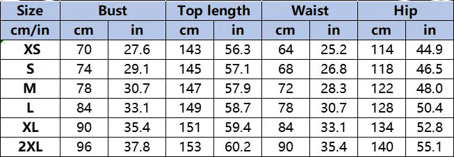 Size chart for clothing measurements in centimeters and inches