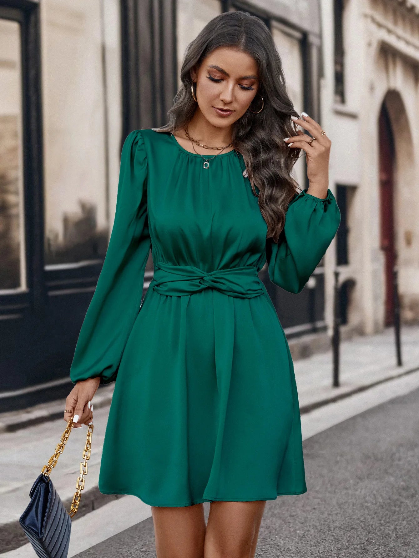 Elegant Pleated Women's Dress army green / L