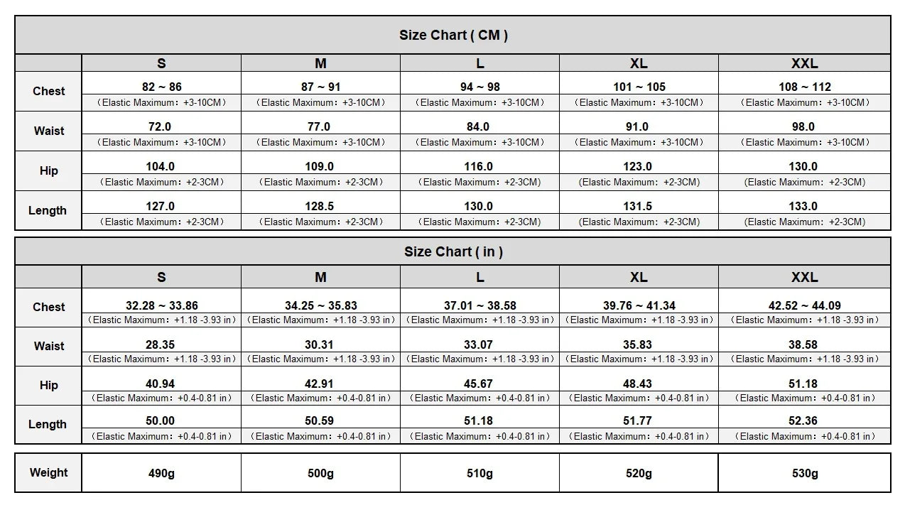 Size chart for clothing measurements in centimeters and inches.